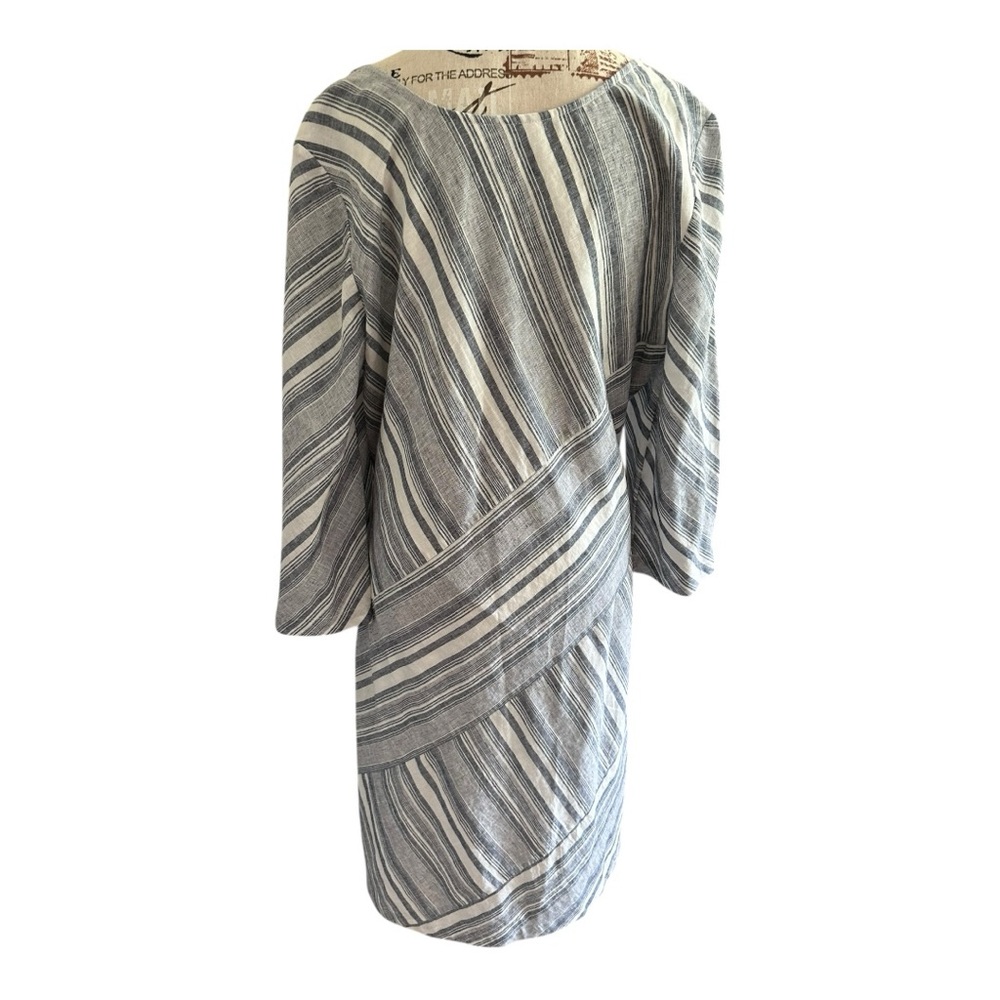 Soft Surroundings Sonya Linen Midi Dress Sz L Pockets Blue White Coastal Pockets - Picture 3 of 15